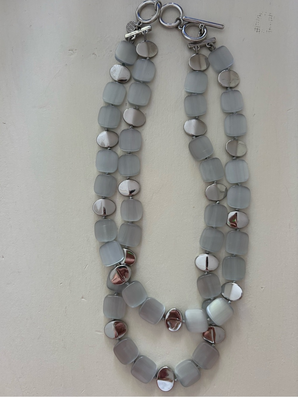 Talbots Double‑Strand Necklace – Grey Beads & Silver Oval Links